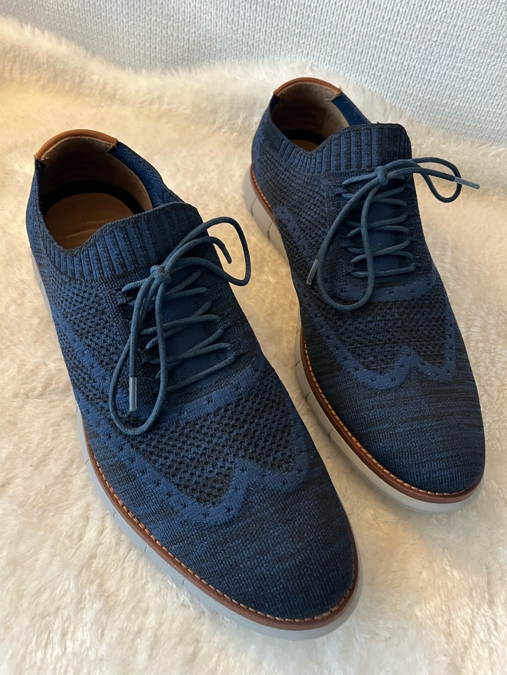 Johnston & Murphy Navy Knit Wingtip Oxford with Tan Accent